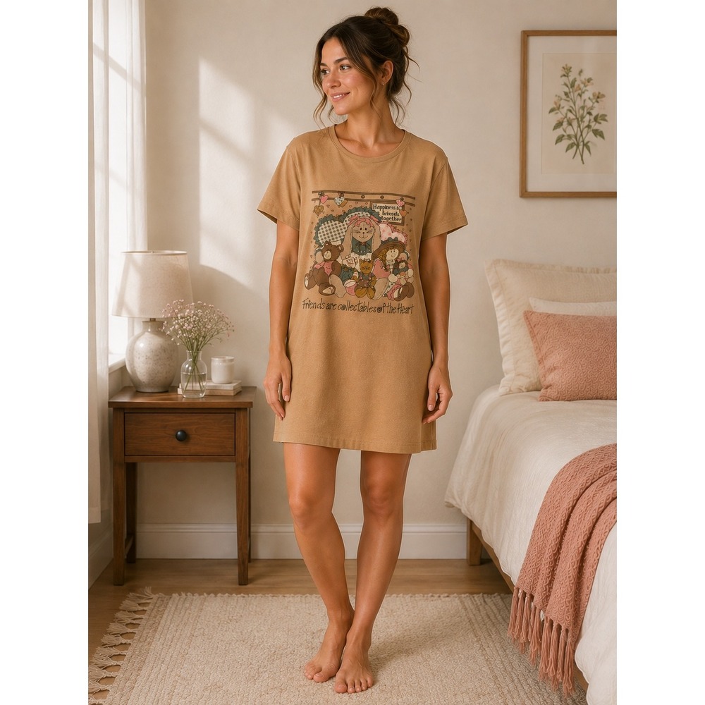 Vintage 90s‎ Women Night Shirt T Shirt One Size Teddy Bear Cat Doll Brown USA